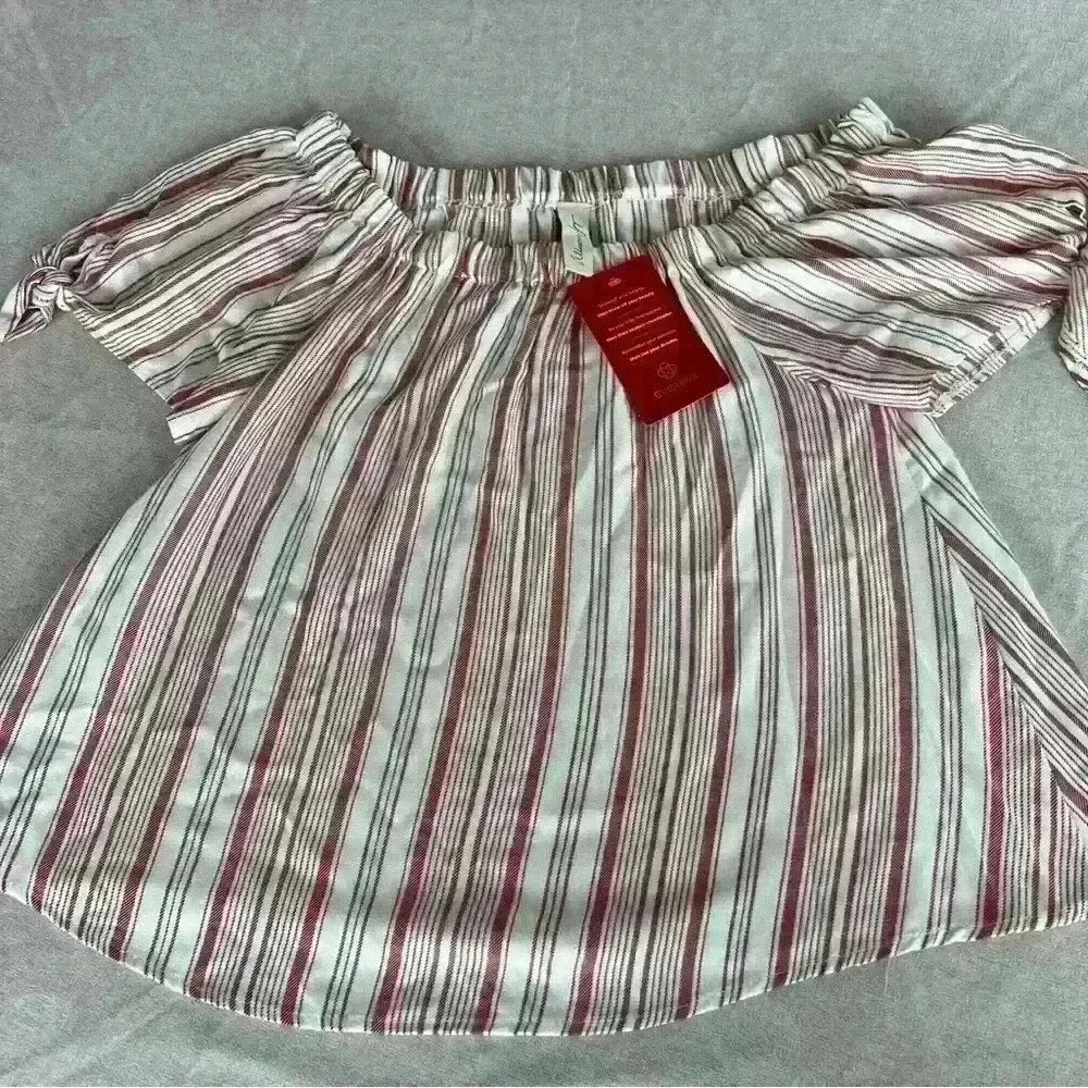 Evereve Allison Joy red and cream striped flowy peasant top.